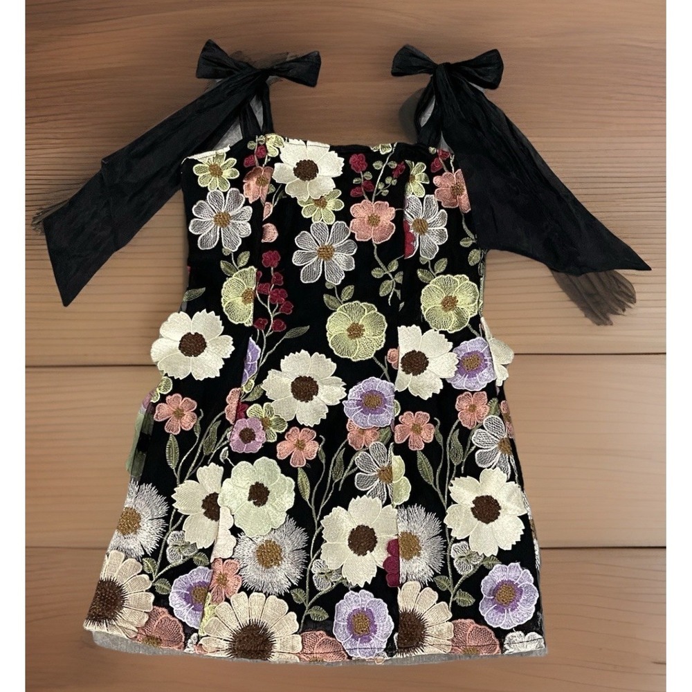 Lulus Made With Love Black Dress 3D Color Floral Embroidered Tie-Strap Mini Sz-M - Picture 3 of 8